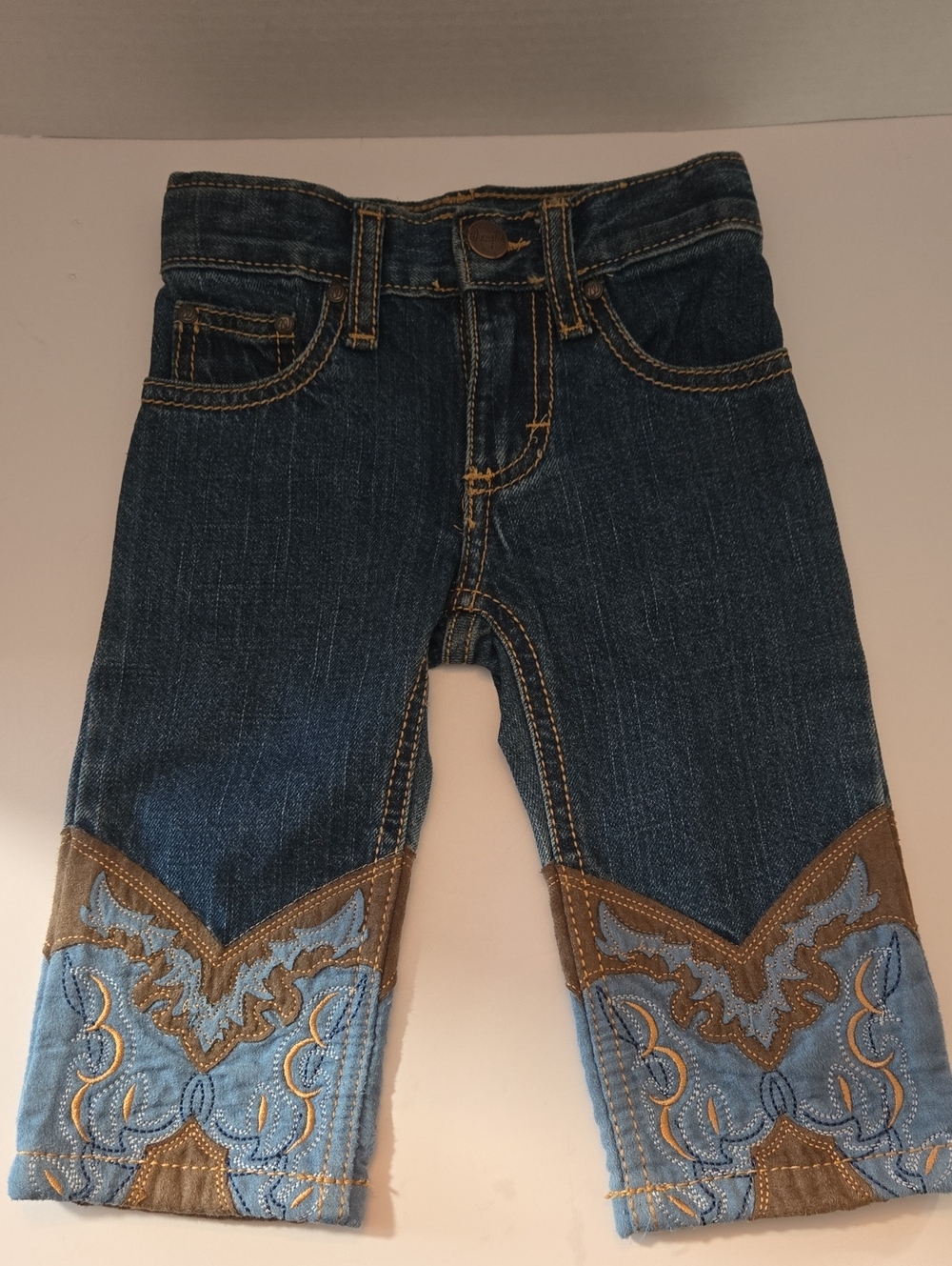 Wrangler Dark Blue Denim Jeans with Light Blue & Brown Embroidered Cuffs